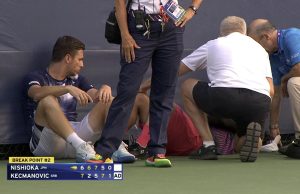 Yoshihito Nishioka s&rsquo;écroule sur le court à l&rsquo;US Open.