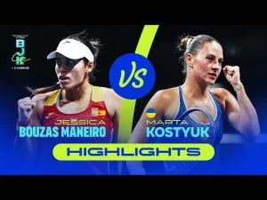 Regardez les moments forts de Kostyuk contre Bouzas Maneiro en quarts de finale de la Coupe BJK 2025 où l&rsquo;Ukraine affronte l&rsquo;Espagne.